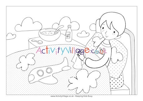 Little boy in bed sick colouring page