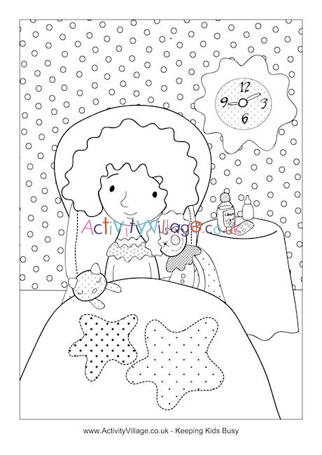 Little girl in bed sick colouring page