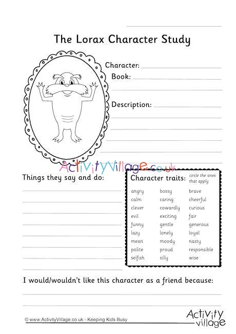 Lorax Character Study Worksheet