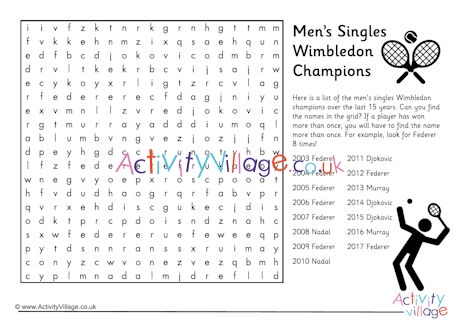 Men's singles Wimbledon champions word search