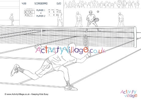 Mens' tennis match colouring page