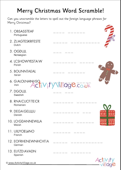 Merry Christmas languages word scramble