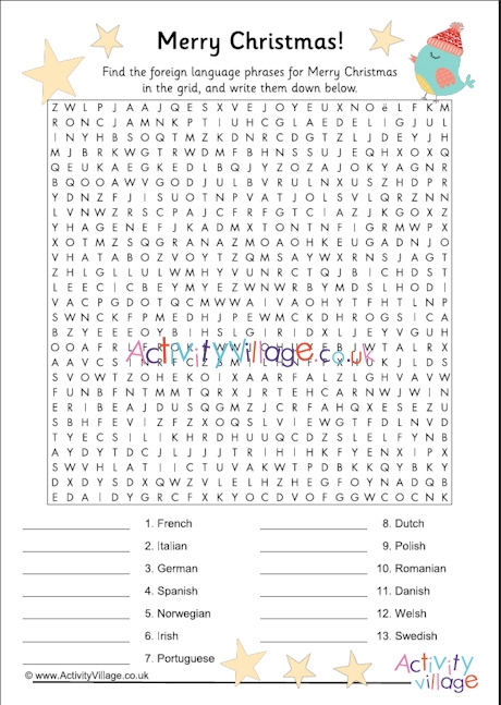 Merry Christmas languages word search - clues only