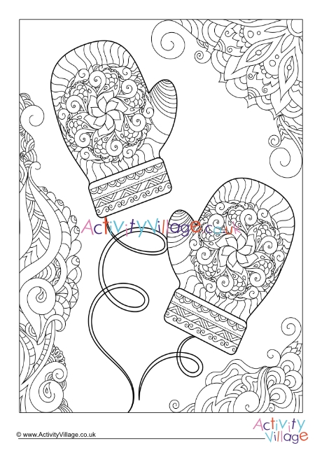 Mittens doodle colouring page