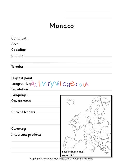 Monaco Fact Worksheet