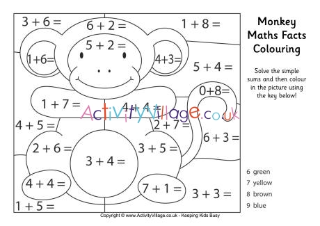 Monkey maths facts colouring page