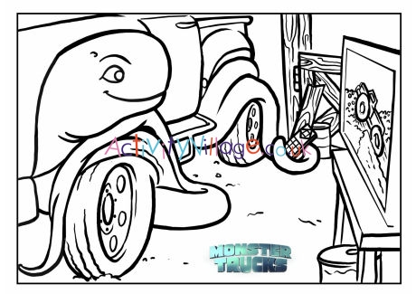 Monster trucks colouring page