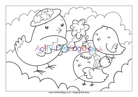 Mother and baby birds colouring page