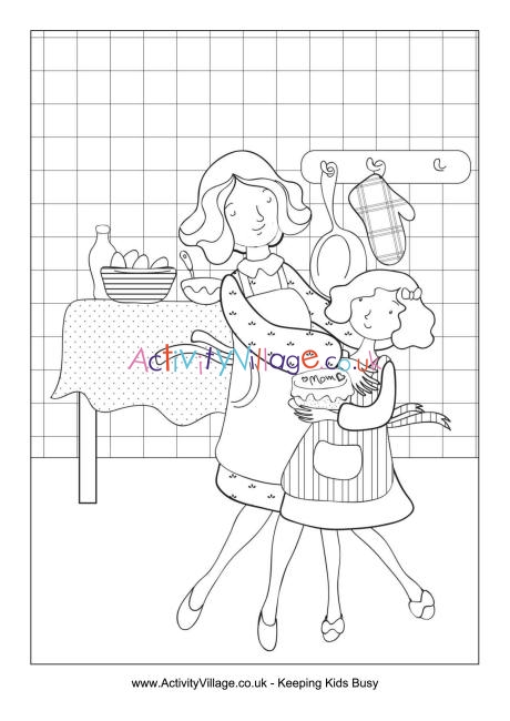 Mother and daughter baking colouring page