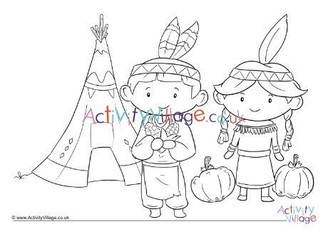 Native American Children Thanksgiving Colouring Page