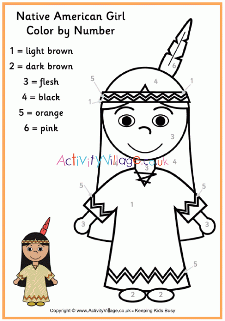 Native American girl colour by number