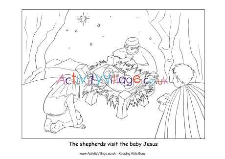 Nativity colouring shepherds visit baby Jesus