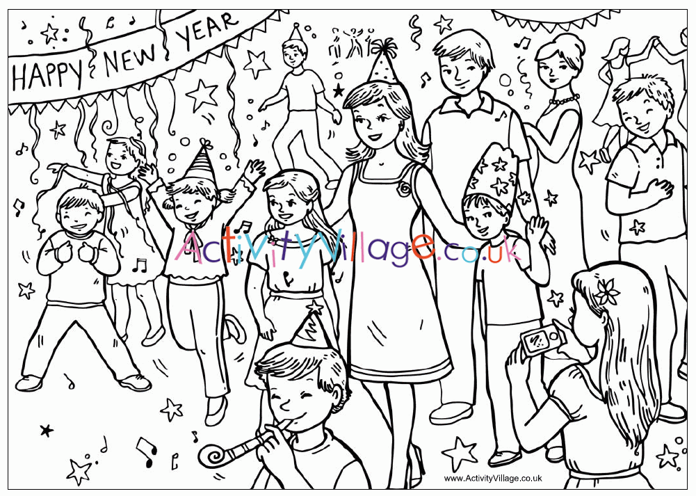 New Year Party Colouring Page