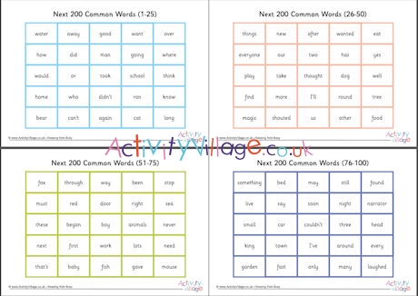 Next 200 common words charts