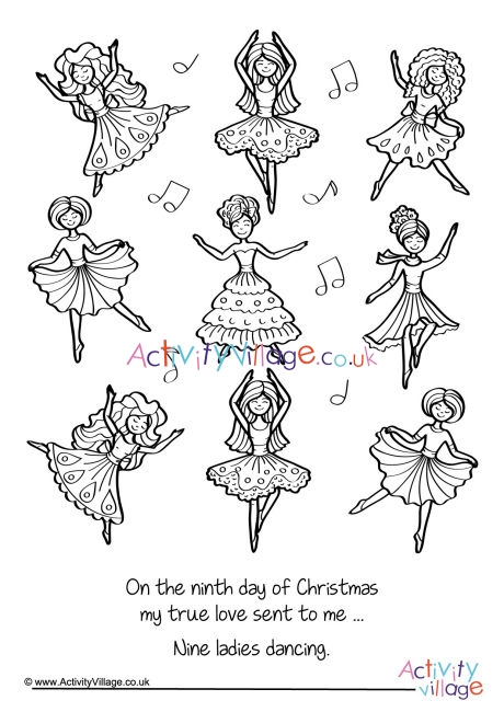 Nine Ladies Dancing Colouring Page