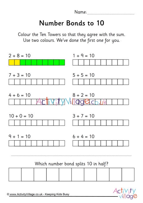 Number bonds to 10 ten towers worksheet