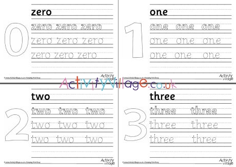 Number word handwriting worksheets 0 to 10