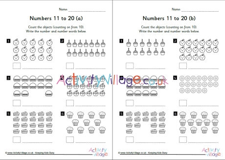 Numbers 11 to 20 worksheets set 1