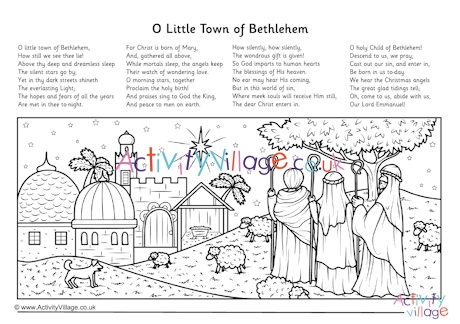 O little town of Bethlehem Christmas carol colouring page