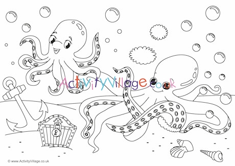 Octopus Scene Colouring Page