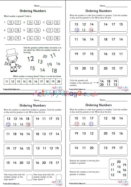 ordering numbers 11 to 20 worksheets set 1