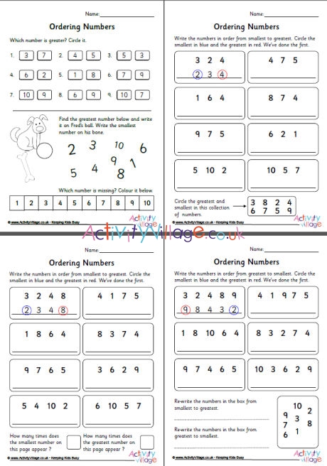 Ordering numbers 1 to 10 worksheets