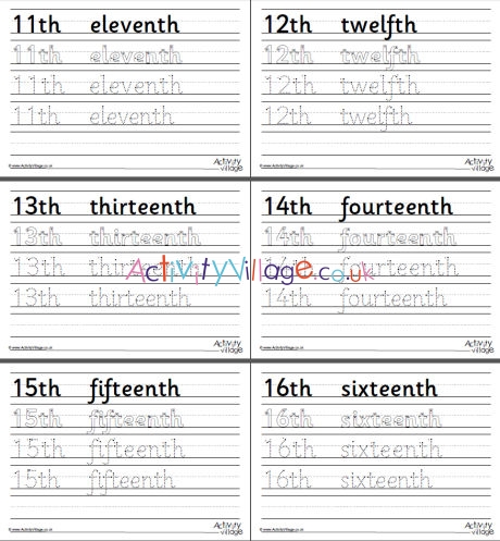 Ordinal number word handwriting worksheets 11 to 20