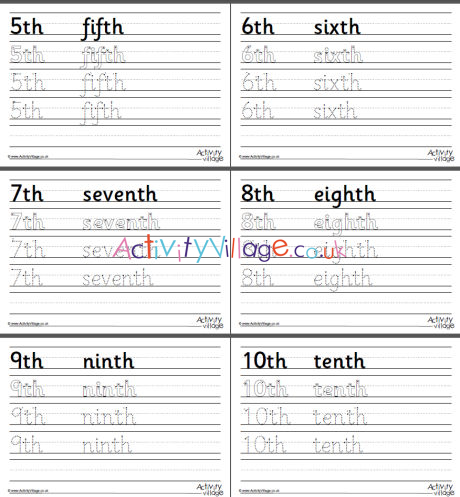 ordinal number word handwriting worksheets 1 to 10