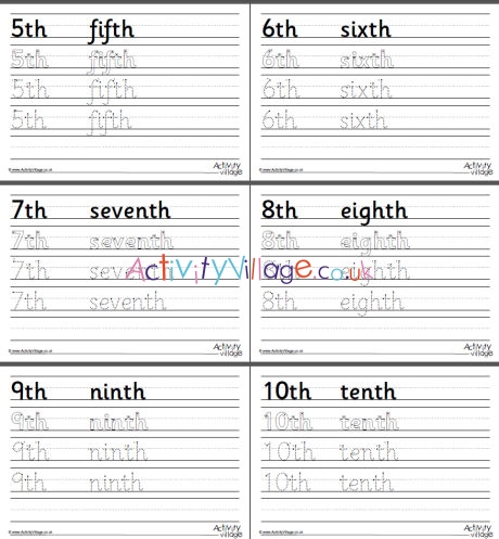 Ordinal number word handwriting worksheets 1 to 10
