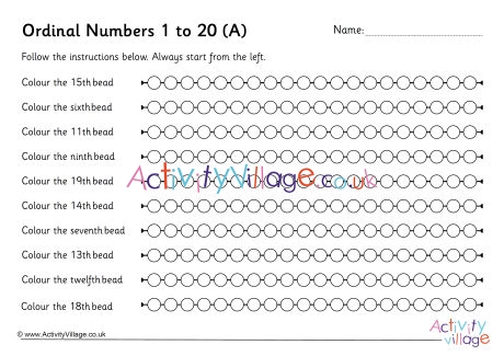 ordinal numbers 1 to 20 worksheets set 1