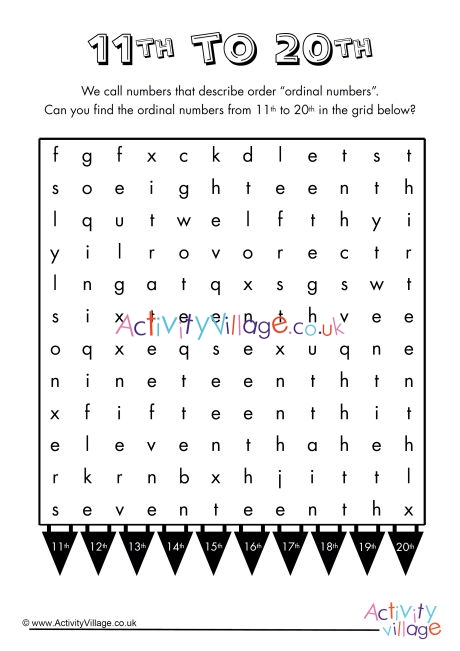 Ordinal numbers word search 11 to 20