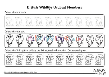 British wildlife ordinal numbers worksheet 2