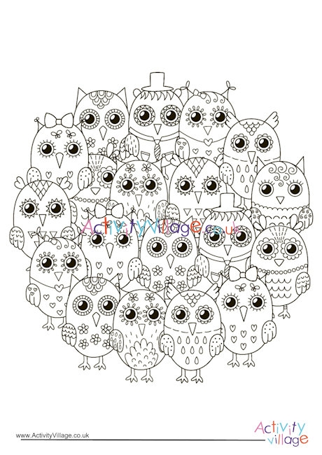 Owls circle colouring page 1