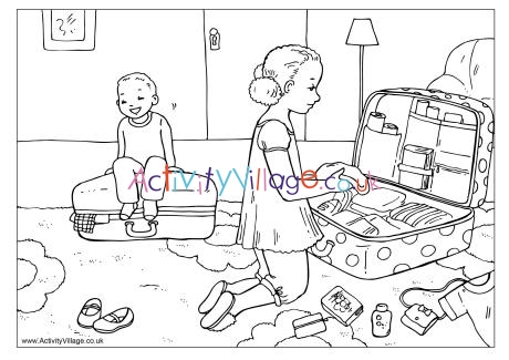 Packing for vacation colouring page