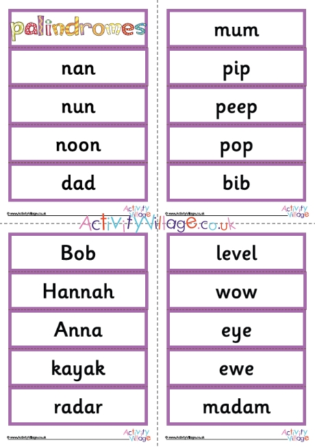 Palindrome word cards