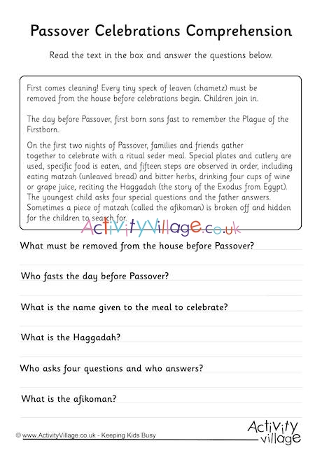 Passover Celebrations Comprehension Worksheet