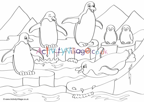 Penguins Scene Colouring Page