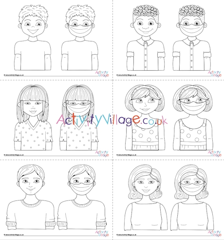 People wearing masks colouring page set