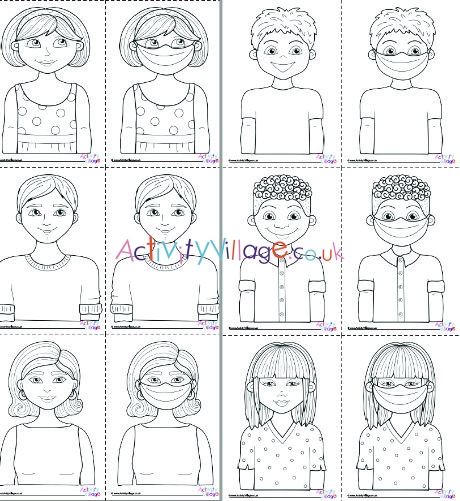 People wearing masks colouring pages set 2