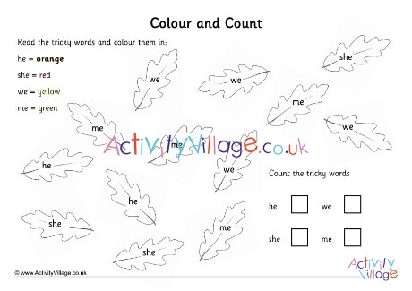 Phase Three autumn leaf tricky word colour and count