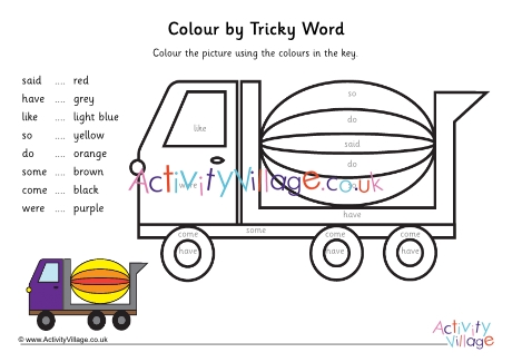 Phase Four tricky words - colour the cement mixer