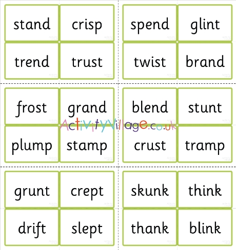 Phase Four word cards - CCVCC, CCCVC and CCCVCC words using sets 1 to 7 letters