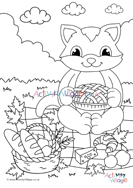 Picnic Cat Colouring Page