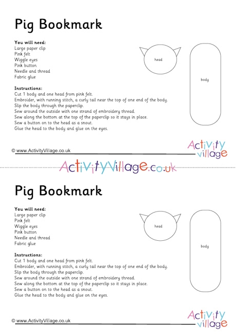 Pig bookmark template and instructions