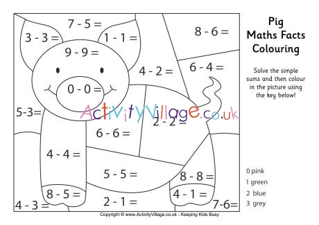 Pig maths facts colouring page