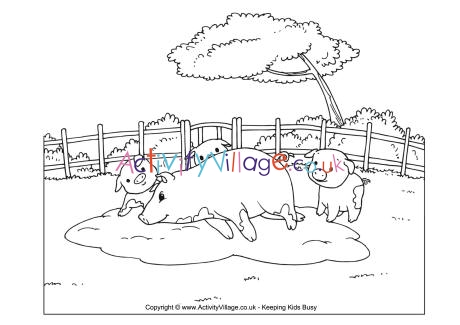 Pig scene colouring page