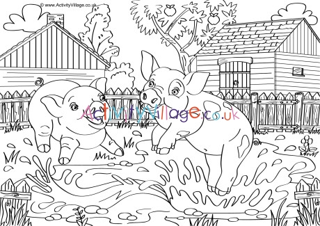 Pigs Scene Colouring Page