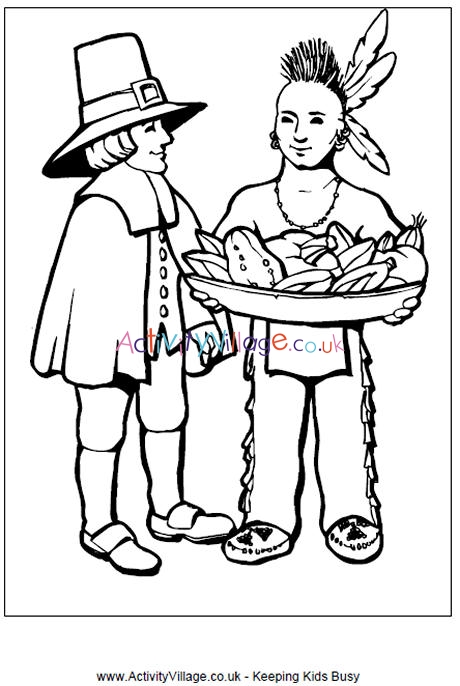 Download Pilgrim and Indian Colouring Page | Thanksgiving Activities for Kids