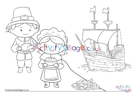 Pilgrim Children Thanksgiving Colouring Page