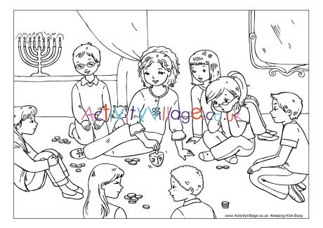 Playing with dreidel colouring page